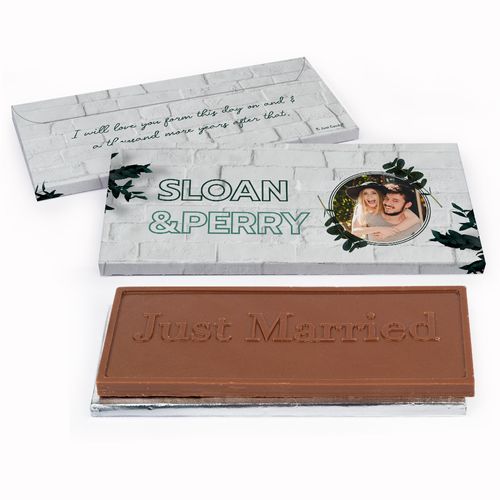 Deluxe Personalized Contemporary Foliage Wedding Embossed Just Married Chocolate Bar in Gift Box