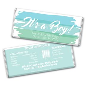 Bonnie Marcus Collection Personalized Chocolate Bar and Wrapper Watercolor Boy Birth Announcement