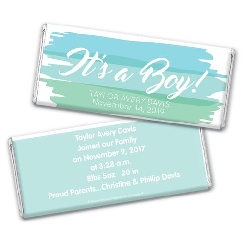 Bonnie Marcus Collection Personalized Chocolate Bar and Wrapper Watercolor Boy Birth Announcement