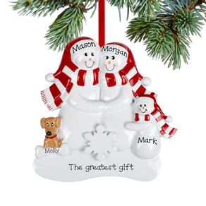 Personalized Snowman Family of 3 with 1 Brown Dog