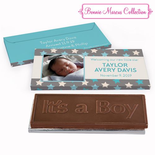 Deluxe Personalized Birth Announcement Star Boy Embossed Chocolate Bar in Gift Box