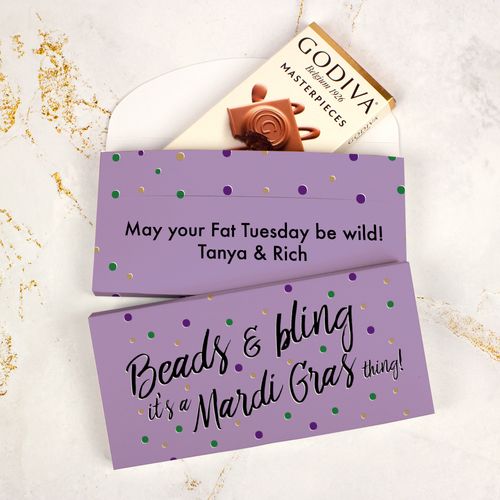 Deluxe Personalized Mardi Gras Beads & Bling Godiva Chocolate Bar in Gift Box
