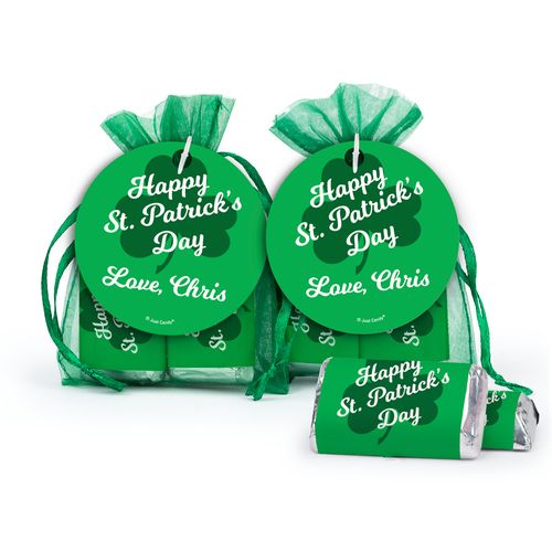 Personalized St. Patrick's Day Clover Hershey's Miniatures in XS Organza Bags with Gift Tag