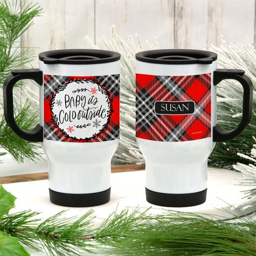 Personalized Stainless Steel Travel Mug (14oz) - Baby its Cold Outside (Red Plaid)