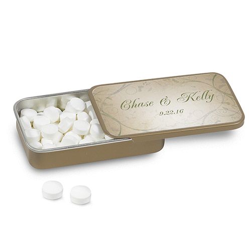 Wedding Favor Personalized Gold Mint Tin Monogram and Leaves