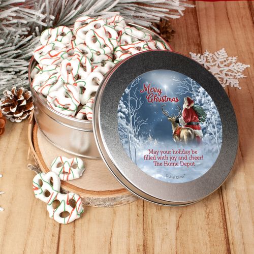 Personalized Christmas Starry Night Santa Tin with Holiday Yogurt Pretzels (1lb approx 80 pcs)