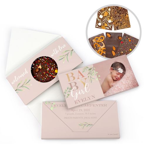 Personalized Welcome Baby Girl Birth Announcement Gourmet Infused Belgian Chocolate Bars (3.5oz)