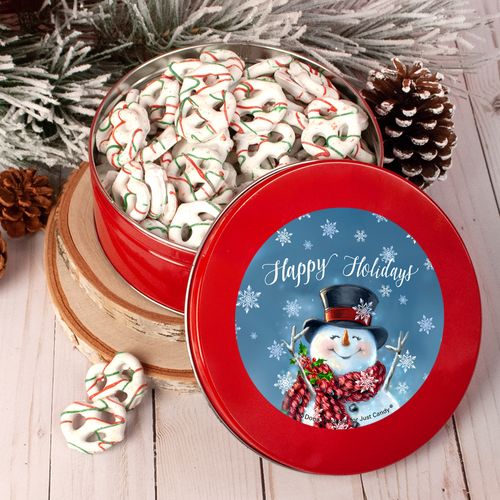 Happy Holidays Jolly Snowman Tin with Holiday Yogurt Pretzels (1lb approx 80 pcs)