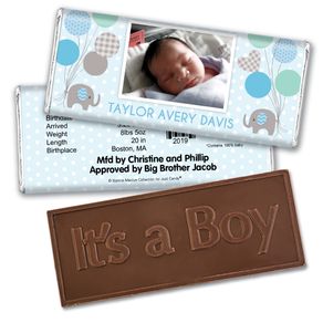 Bonnie Marcus Collection Personalized Embossed It's a Boy Bar and Wrapper Baby Elephants Boy Birth Announcement