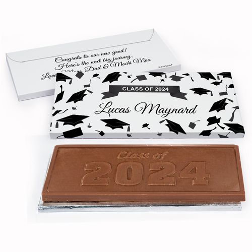 Deluxe Personalized Tossed Caps Graduation Embossed Chocolate Bar in Gift Box