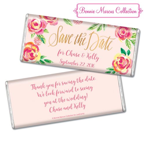 In the Pink Save the Date Favors by Bonnie Marcus Personalized Hershey's Bar Assembled