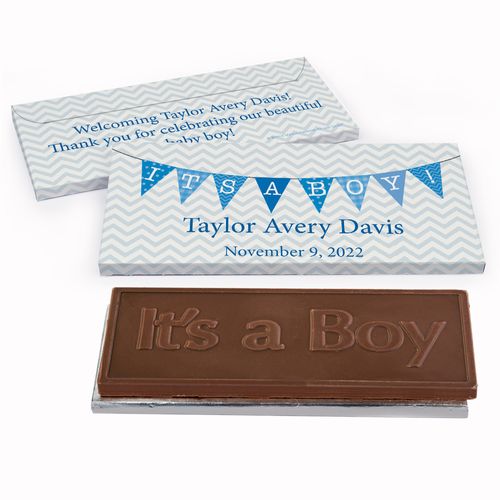 Deluxe Personalized Birth Announcement Baby Boy Banner Chocolate Bar in Gift Box