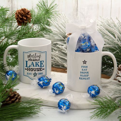 Personalized Family Blue Lake House 11oz Mug with Lindt Truffles