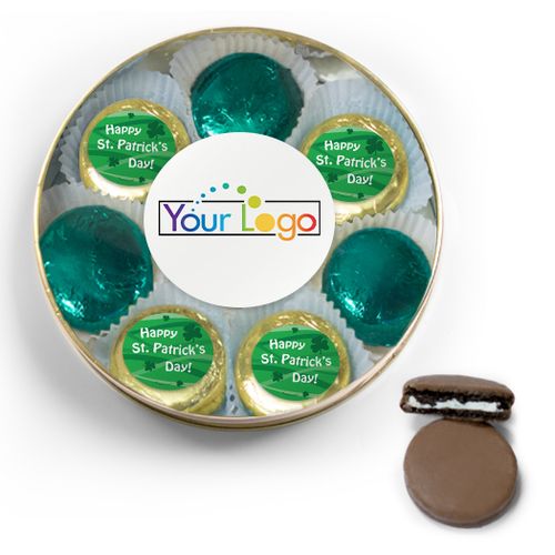 Add Your Logo Happy St. Patrick's Day Chocolate Covered Oreo Cookies Large Gold Plastic Tin