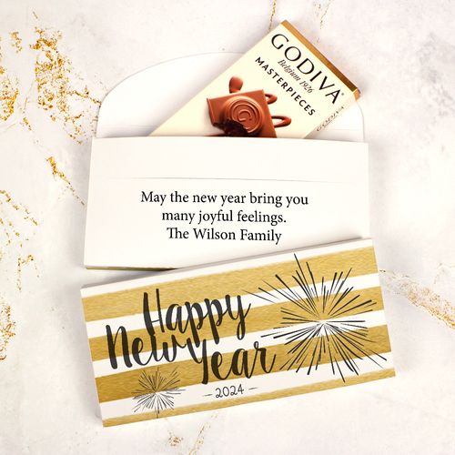 Deluxe Personalized New Years Eve Fireworks Godiva Chocolate Bar in Gift Box