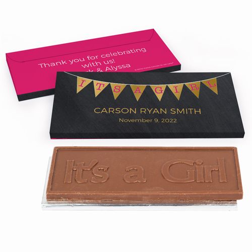 Deluxe Personalized It's a Girl Banner Baby Girl Announcement Chocolate Bar in Metallic Gift Box