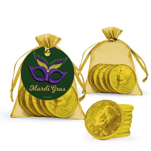 Mardi Gras Masquerade Chocolate Coins in XS Organza Bags with Gift Tag