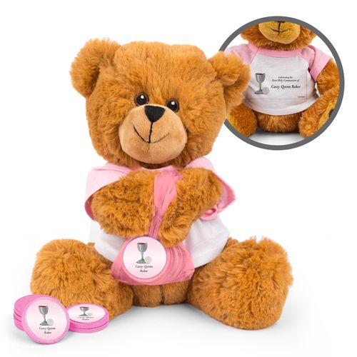 Personalized Host and Silver Chalice Teddy Bear with Chocolate Coins in XS Organza Bag