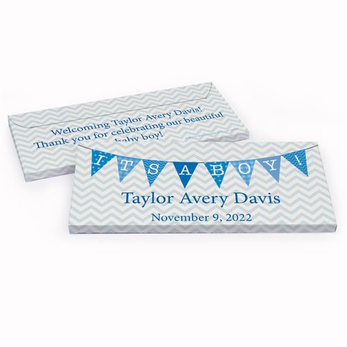 Deluxe Personalized Birth Announcement Baby Boy Banner Chocolate Bar in Gift Box
