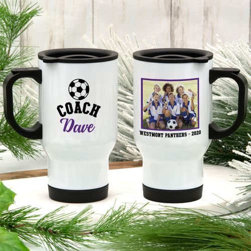Personalized Stainless Steel Travel Mug (14oz) - Soccer Coach with Photo