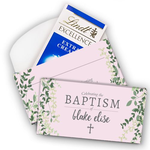 Deluxe Personalized Rose Pink Leaves Baptism Lindt Chocolate Bars (3.5oz)