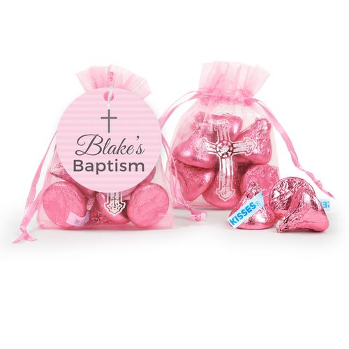 Personalized Cross Pink Baptism Hershey's Kisses in Organza Bags with Gift Tag