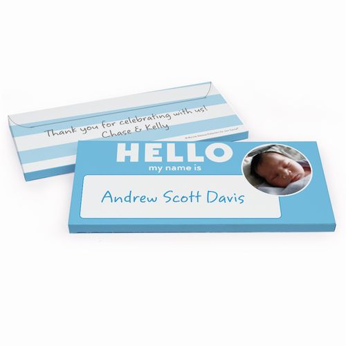 Deluxe Personalized Name Tag Baby Boy Announcement Chocolate Bar in Gift Box