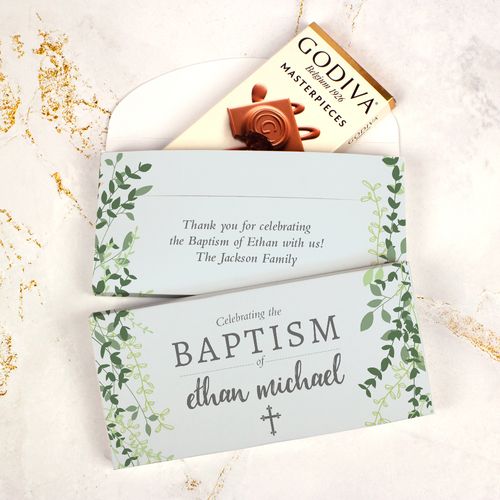 Deluxe Personalized Godiva Green Leaves Baptism Chocolate Bar