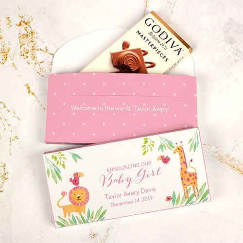 Deluxe Personalized Girl Birth Announcement Safari Snuggles Godiva Chocolate Bar in Gift Box