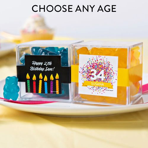 Personalized Birthday JUST CANDY® favor cube with Gummy Bears