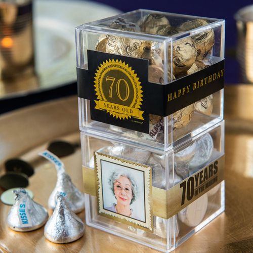 Personalized Milestone 70th Birthday JUST CANDY® favor cube with Hershey's Kisses