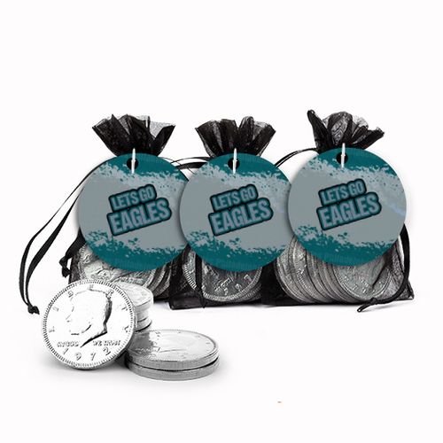 Football Party Themed Let's Go Eagles Chocolate Coins in XS Organza Bags with Gift Tag