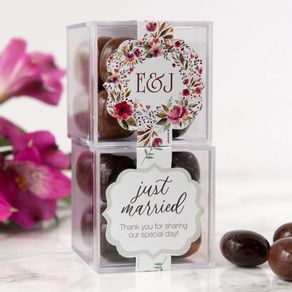 Personalized Wedding JUST CANDY® favor cube with Premium Milk & Dark Chocolate Sea Salt Caramels