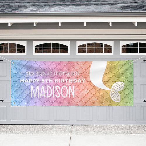 Personalized Mermaid Birthday Garage Banner - Rainbow Mermaid