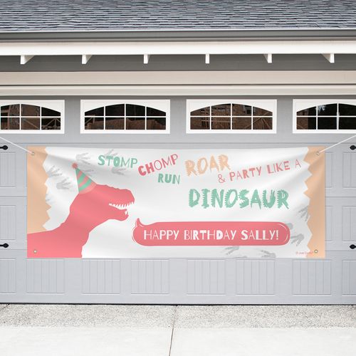 Personalized Dinosaur Birthday Garage Banner - Pink Dinosaur