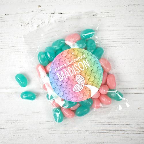 Personalized Mermaid Birthday Candy Bags with Jelly Belly Jelly Beans - Mermaid Rainbow Tails