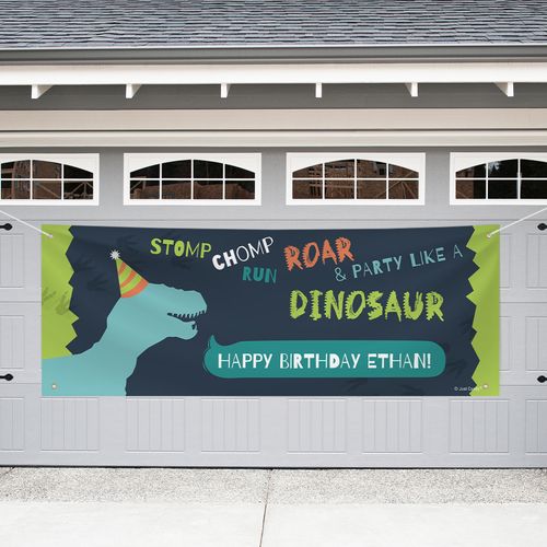 Personalized Dinosaur Birthday Garage Banner - Green Dinosaur