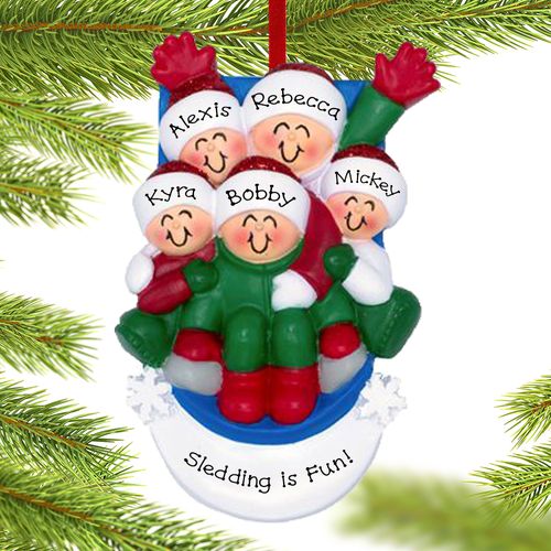 Family Of 5 Sledding Holiday Ornament