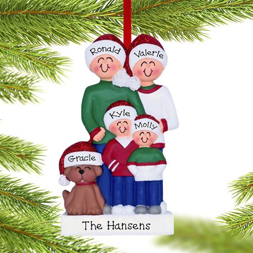 Family Of 4 With Brown Dog Holiday Ornament