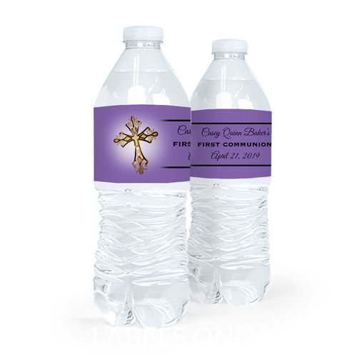 Personalized Communion Gold Cross Water Bottle Sticker Labels (5 Labels)