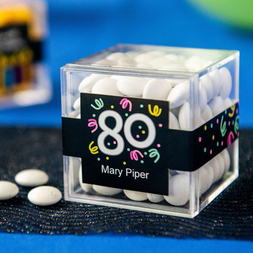 Personalized Milestone 80th Birthday JUST CANDY® favor cube with Just Candy Milk Chocolate Minis