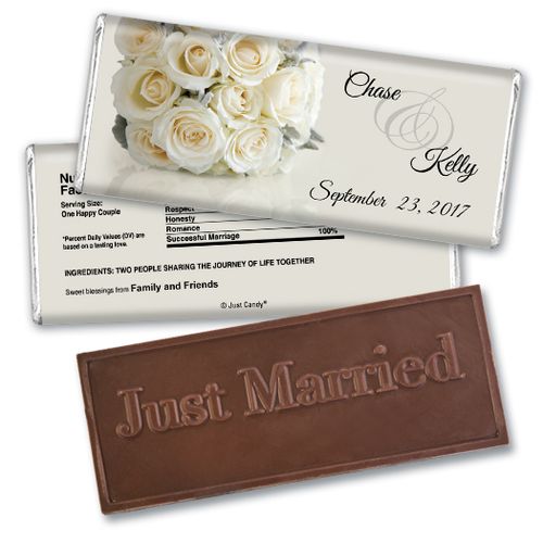 Personalized Wedding Favor Embossed Chocolate Bar White Roses Bouquet