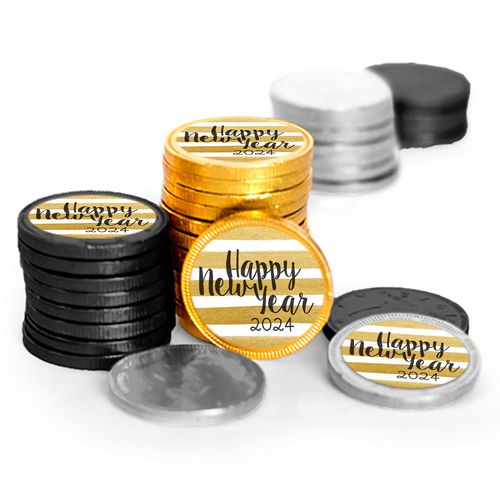 New Year's Eve Gold Stripes Assorted Chocolate Coins with Black, Silver & Gold Foil (84 Count)