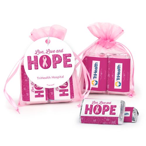 Personalized Breast Cancer Awareness Live Love Hope Hershey's Miniatures in Organza Bags with Gift Tag