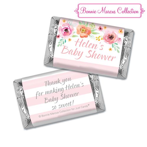 Personalized Hershey's Miniatures - Bonnie Marcus Baby Shower Watercolor Blossom Wreath Pink