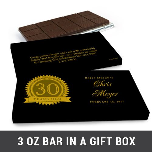 Deluxe Personalized 30th Milestones Seal Belgian Chocolate Bar in Gift Box (3oz Bar)