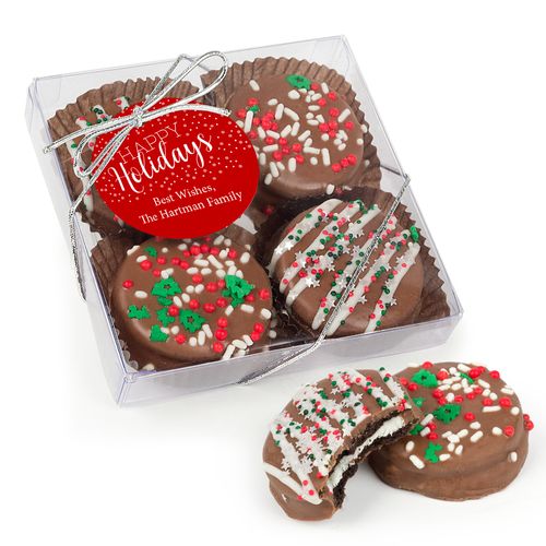 Personalized Happy Holidays Gourmet Belgian Chocolate Covered Oreos 4pc Gift Box
