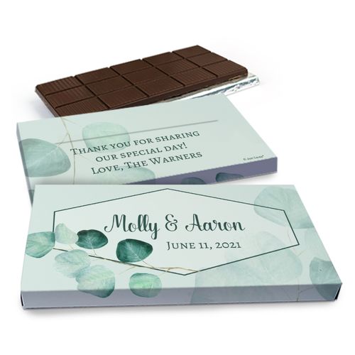 Deluxe Personalized Wedding Peaceful Eucalyptus Wedding Belgian Chocolate Bar in Gift Box (3oz Bar)