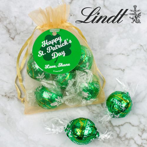 Personalized St. Patrick's Day Clover Lindor Truffles by Lindt in Organza Bags with Gift Tag