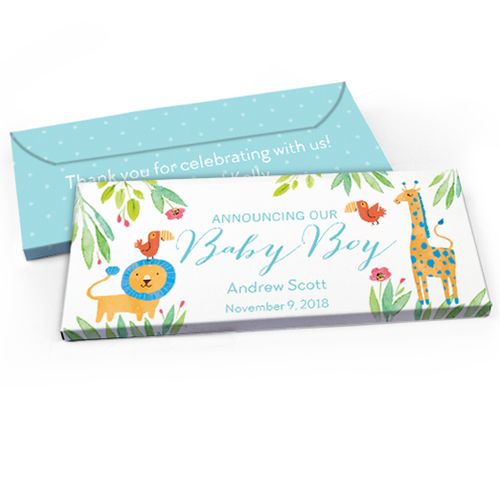 Deluxe Personalized Safari Snuggles Baby Boy Announcement Chocolate Bar in Gift Box